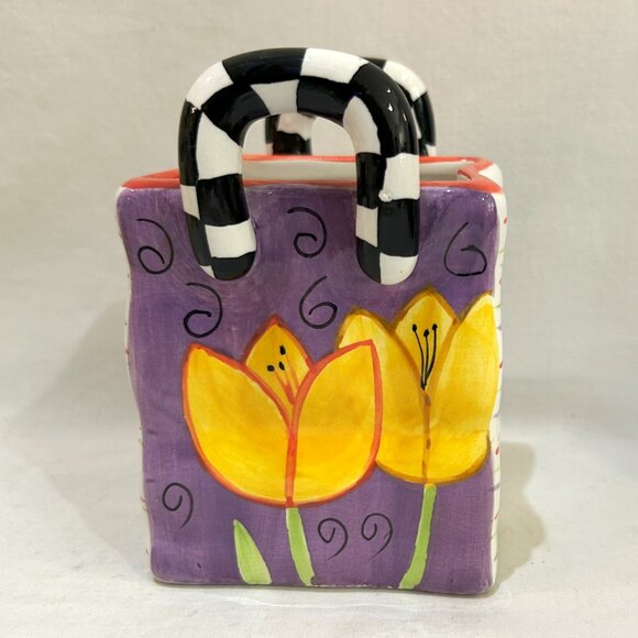 Milson & Louis Ceramic Purse Tote Bag Planter Vase Hand Painted Yellow Tulip - Picture 4 of 9